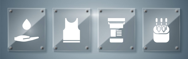 设置耳朵棉签，药瓶，无袖t恤和肥皂洗手。方形玻璃面板。向量图片下载