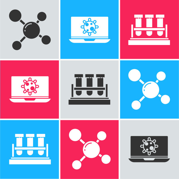 在笔记本电脑上设置分子，细菌和试管和烧瓶化学图标。向量图片下载