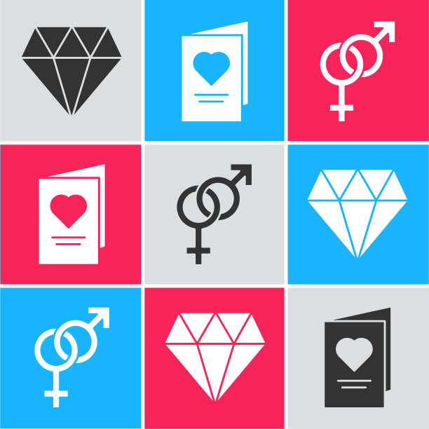集钻石，情人节派对传单与心和性别图标。向量图片下载