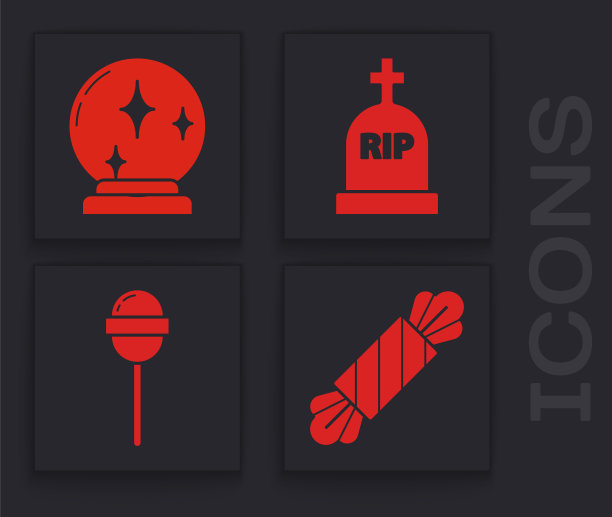设置糖果，魔法球，墓碑与RIP和棒棒糖图标。向量图片下载