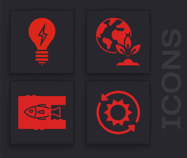 设置太阳能电池板，带有闪电标志的灯泡，地球仪和植物，停止海洋塑料污染图标。向量图片下载