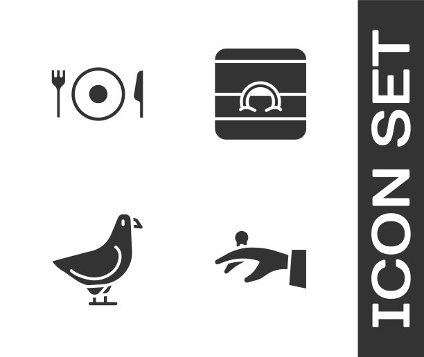 设置结婚戒指在手，盘子，叉刀，鸽子和图标。向量图片下载