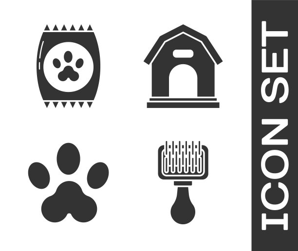 设置狗和猫的毛刷，宠物的食物袋，爪印和狗屋图标。向量图片下载