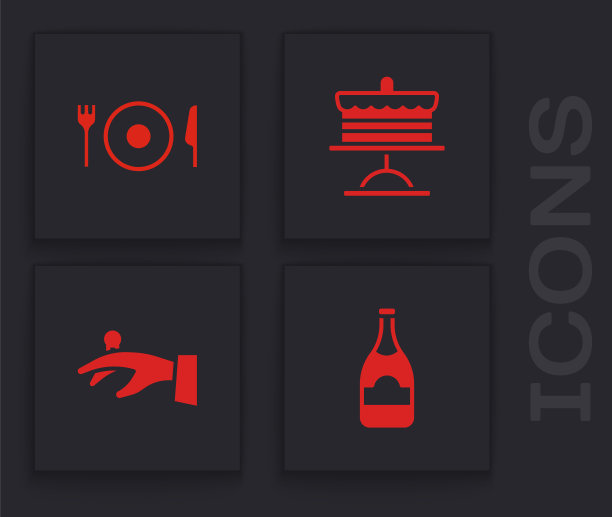设置香槟瓶，盘子，叉子和刀，蛋糕在盘子和结婚戒指手图标。向量图片下载