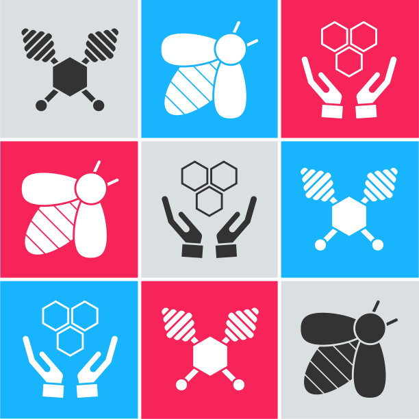 设置蜂蜜勺杆，蜜蜂和蜂房和手图标。向量图片下载