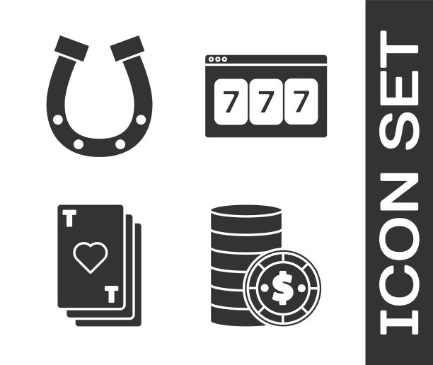 设置赌场筹码与美元，马蹄铁，扑克牌与心和在线老虎机幸运7头奖图标。向量图片下载