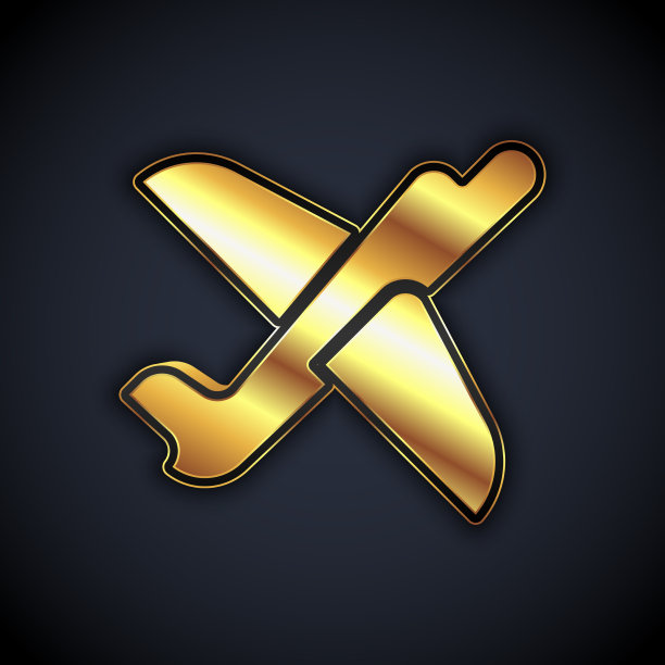 在黑色背景上孤立的金色玩具飞机图标图片下载