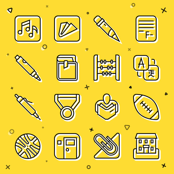 设置线学校建筑，美式足球，翻译，铅笔与橡皮擦，书，马克笔，音乐笔记，音调和算盘图标。向量图片下载