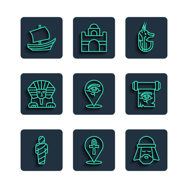 设置线埃及木乃伊，十字十字章，埃及人，阿努比斯，荷鲁斯之眼，斯芬克斯，船和纸莎草卷轴图标。向量图片下载