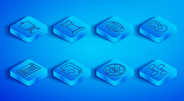 设置线架或绘画艺术板，商业战略，美式足球，打牌，赌场筹码，壶铃，音乐合成器和笔记，音调图标。向量图片下载