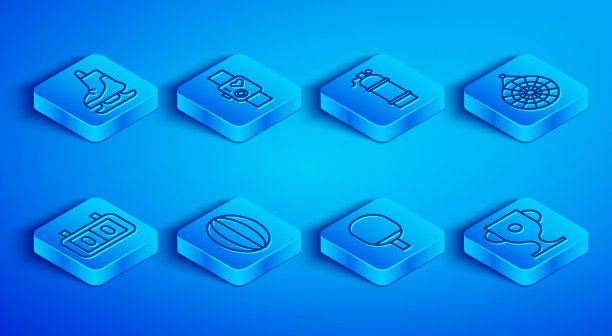 设置线溜冰鞋，智能手表显示心率，水龙，橄榄球，球拍打乒乓球，经典飞镖板，运动机械记分牌和奖励杯图标。向量图片下载