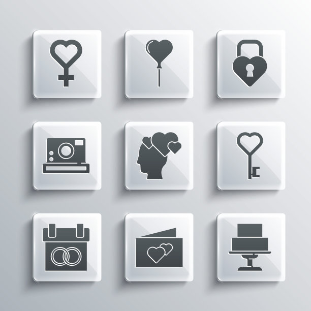集贺卡，婚礼蛋糕，钥匙心形，头与，日历，相机，女性的性别符号和城堡的图标。向量图片下载