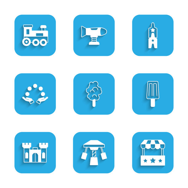 设置棉花糖，吸引旋转木马，票房，冰淇淋，城堡，杂耍球，马戏团票和玩具火车图标。向量图片下载