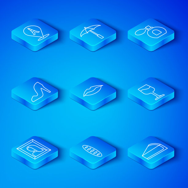 博物馆肖像画，微笑的嘴唇，法国法棍面包，酒杯，香水，女人鞋，埃菲尔铁塔和樱桃芝士蛋糕片图标。向量图片下载