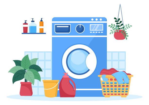 洗衣与洗衣机和干燥机在平坦的背景插图。脏布躺在篮子里，妇女们正在为横幅或海报洗衣服图片下载