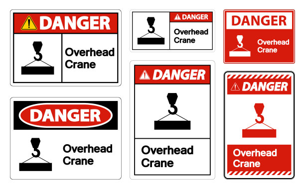 白色背景上的危险高架起重机标志图片下载