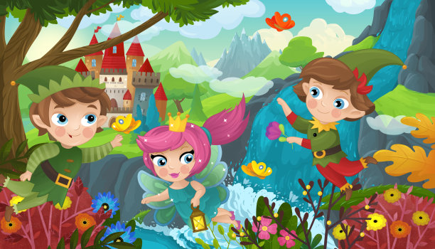 卡通场景与自然森林可爱的精灵附近的瀑布和城堡图片下载