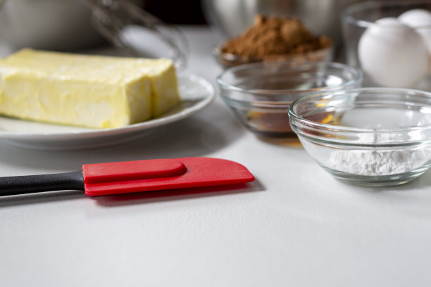 烘烤配料的侧视图。配料包括:鸡蛋、黄油、香草、可可和泡打粉。图片下载