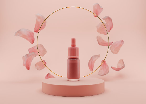 粉色玻璃瓶里的化妆品液体、凝胶站在粉色的讲台上，带着金色的戒指和花瓣在空中飞舞。滴管瓶、透明质酸、精油、精华液、护肤品。3 d渲染。图片下载