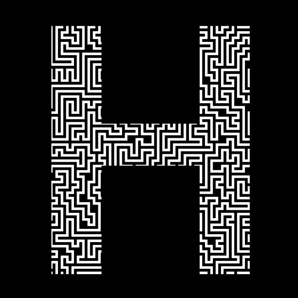 由迷宫图案组成的白色字母H，孤立在黑色背景上。拉丁(英语)字母表中的字母。图片下载