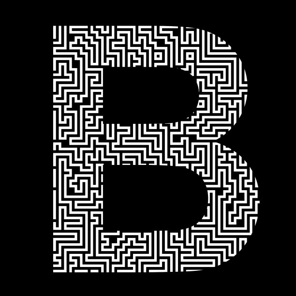 由白色字母B组成的迷宫图案，孤立在黑色背景上。拉丁(英语)字母表中的字母。图片下载