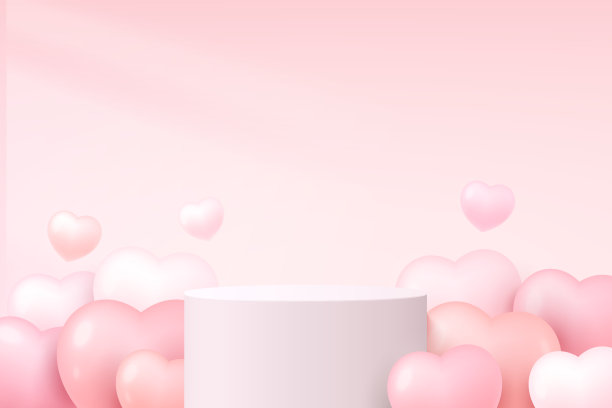 逼真的白色3D圆柱体支架或讲台与淡粉色气球心形。粉彩最小场景产品展示，情人节促销展示。摘要工作室平台设计。图片下载