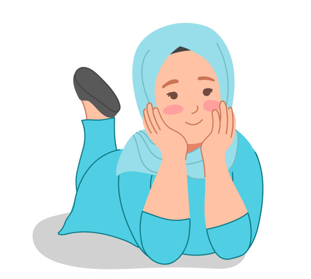 一个穆斯林小女孩躺在地上听别人说话。女孩在希贾布，插图孤立在白色背景图片下载