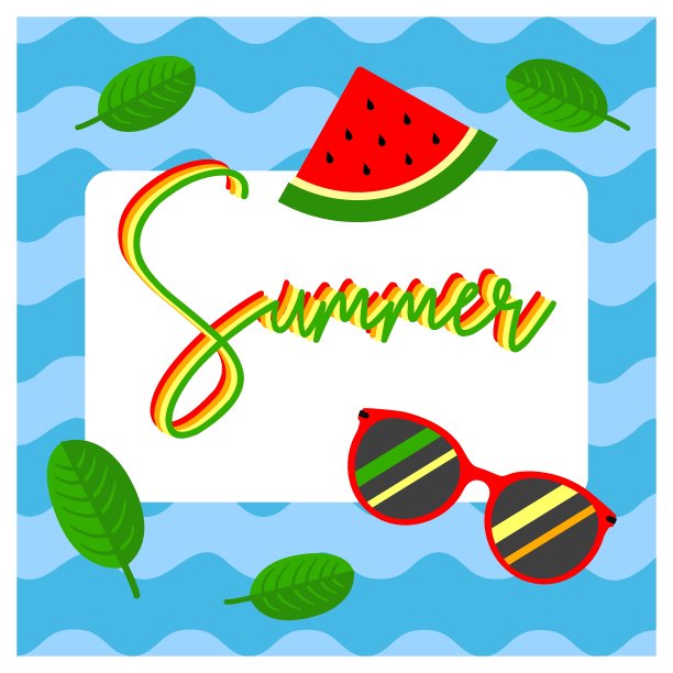 夏日太阳镜和多汁的西瓜，蓝色的海浪背景上的绿叶。对于帖子，明信片，横幅，网页。矢量插图,eps10图片下载