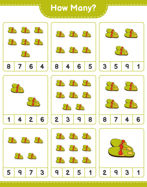 计数游戏，多少拖鞋。教育儿童游戏，可打印的工作表，矢量插图图片下载