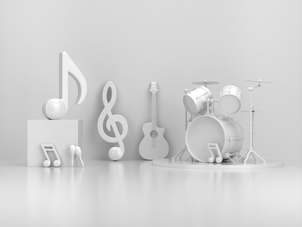 白色的模型乐器和音符在白色的背景上。图片下载