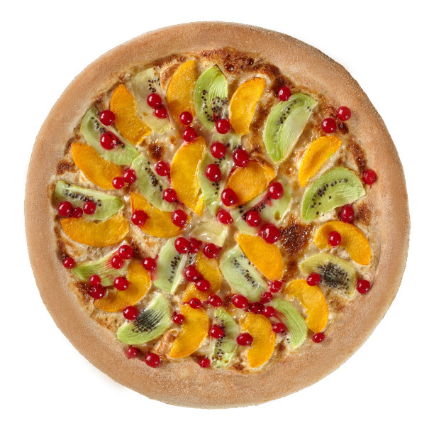 俯瞰披萨与猕猴桃，桃子，红醋栗奶油芝士酱炼乳图片下载