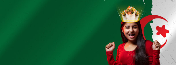 美丽的年轻女孩与美味的多纳尔多纳尔烤肉串在她的头，梦想孤立在阿尔及利亚国旗的背景。Contamporary艺术拼贴图片下载