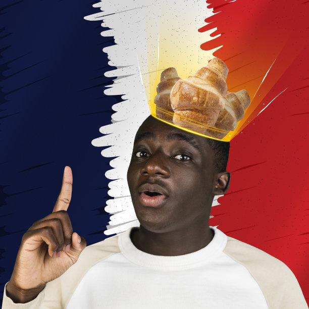 惊讶的年轻人脑袋里装着美味的羊角面包，梦想着法国国旗的背景。民族食品概念，艺术拼贴图片下载