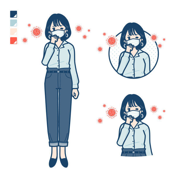 年轻女子穿着开领衬衫，戴着口罩和咳嗽的形象图片下载