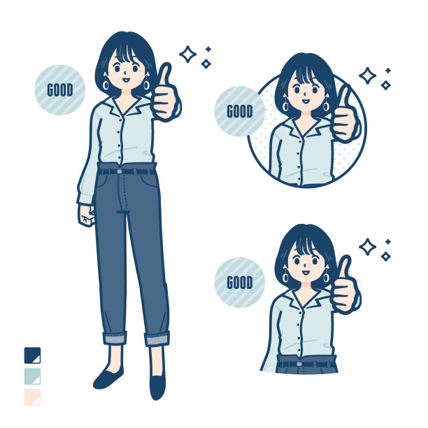 年轻女子穿着开领衬衫，上面有竖起大拇指的图片。图片下载