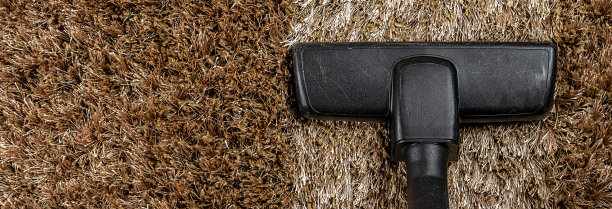 吸尘器的头放在毛茸茸的地毯上，上面有一条特别干净的带子。打扫屋子。全景横幅。图片下载