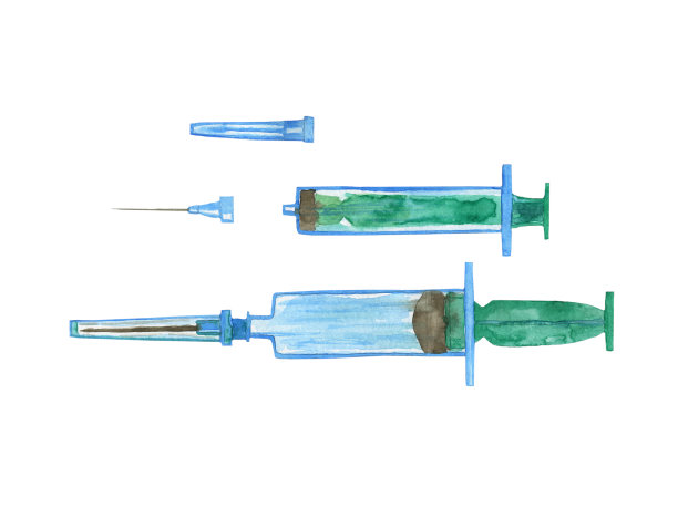 两个大大小小的注射器孤立在白色背景上。水彩手绘插图的医疗岗位，图标，版画，图案，旗帜。图片下载