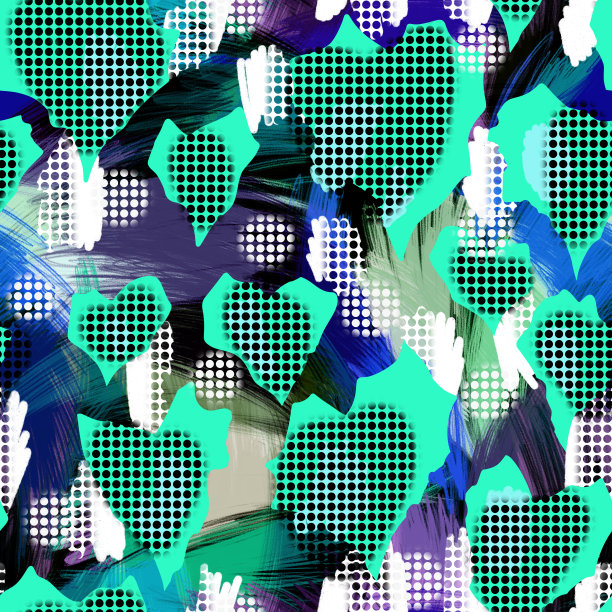 伪装无缝的背景。带有抽象粗糙形状和点结构的光栅图案。弯曲的线条纹理。现代艺术。复杂的叠加背景。带有斑点的时尚迷彩色块。图片下载