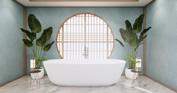 浴室在空的房间内部日式风格。三维渲染图片下载