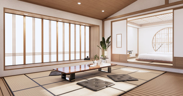 客厅日本热带简约设计。三维渲染图片下载