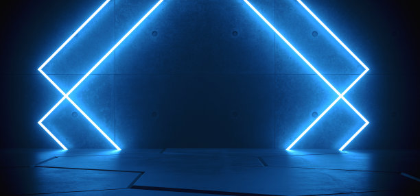 霓虹科学Fi发光梯度蓝色激光复古未来主义矩形框架形光在混凝土瓷砖墙水泥混凝土光滑地板黑暗隧道房间三维渲染图片下载