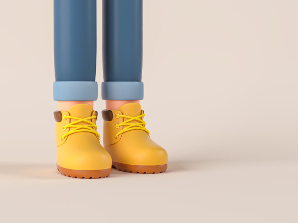 老式的男鞋。男人时尚静物。蓝色破洞牛仔裤，黄色靴子，防水鞋。创意卡通布局在柔和的背景。三维渲染图片下载