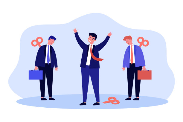 快乐而疲惫的员工带着红色的发条钥匙在背后图片下载