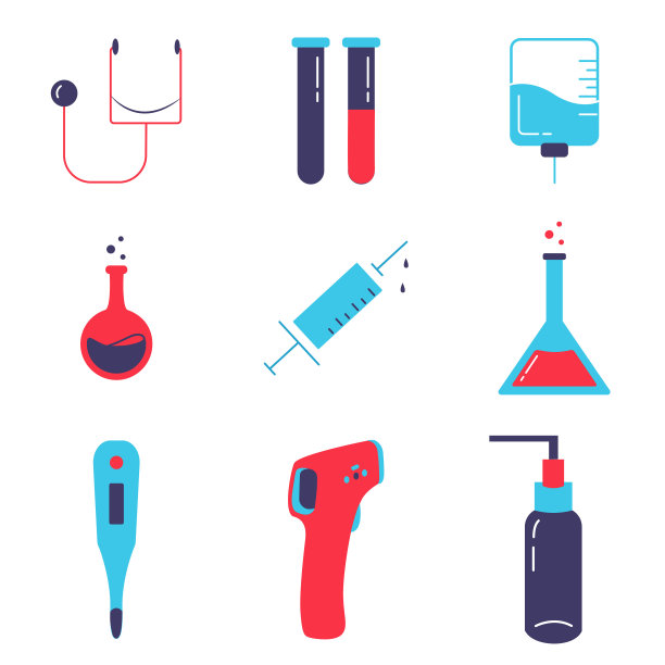 医药元素孤立集。收集听诊器，温度计，注射器，烧瓶，药片罐，滴管。图片下载