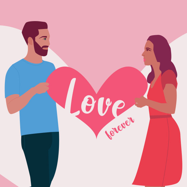 年轻的情侣说着情话。女友和男友手捧心形。图片下载