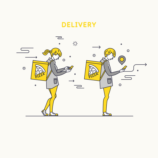 一个小女孩和一个男孩送杂货。快递员看了看手机，把披萨送到顾客的地方。图片下载