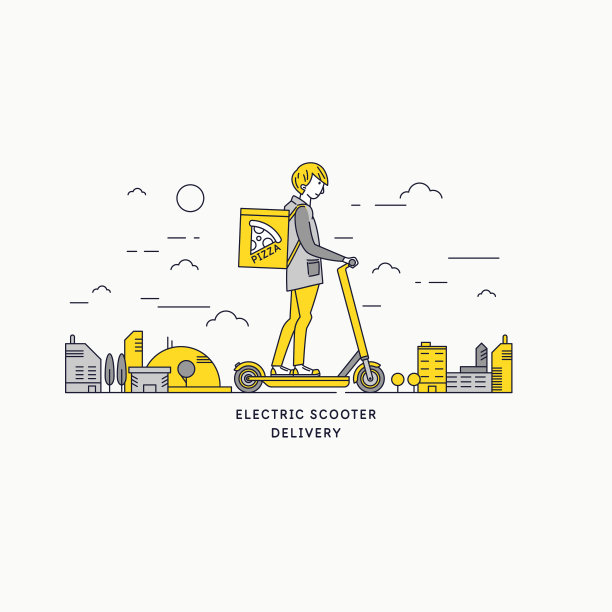 快递员骑着一辆电动踏板车去要去的地址。一个年轻人送披萨给顾客。图片下载