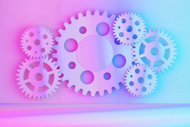 紫色的齿轮安装在墙上图片下载