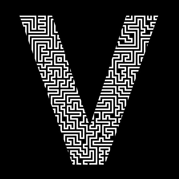 白色字母V组成的迷宫图案，孤立在黑色背景上。拉丁(英语)字母表中的字母。图片下载