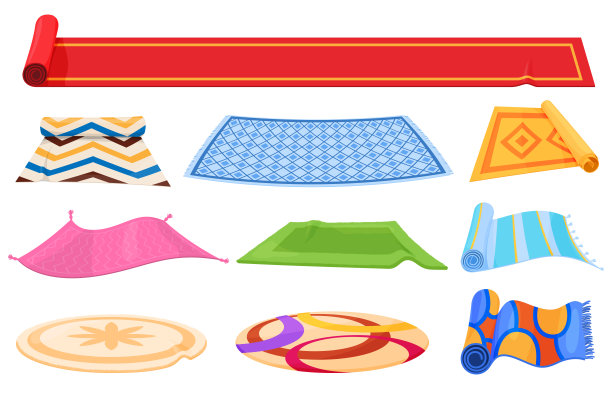 地板垫和地毯收集矢量平面插图。覆盖不同形状和颜色的地毯图片下载